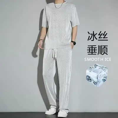 Men Ice Silk Casual T-Shirt Trouser Set Black