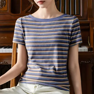 Women Striped T-Shirt Summer 2023 Purple Orange