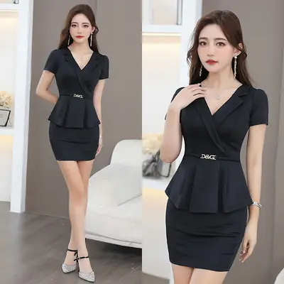 Black V-Neck Hip Short Sleeve Massage Workwear