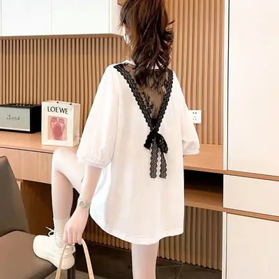 2023 Cotton Lace Top Summer Korean Style Loose T-shirt