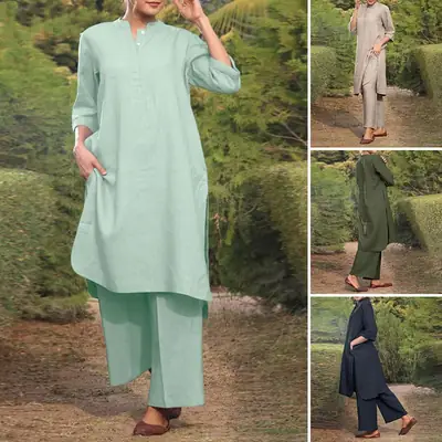 Plus Size Women's 2-Piece Cotton Linen Kurta Pants Set