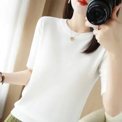 Women Ice Silk Crew Neck Short Sleeve Orange T-Shirt