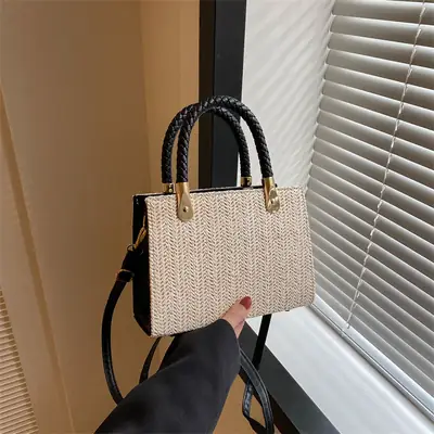 Women Straw Woven Tote Bag Spring 2023 Pink Gold