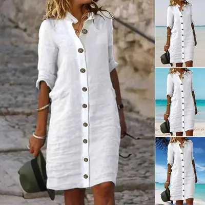 Women's White Pure Color Single-Breasted Shirt Mid-Sleeve Long Top