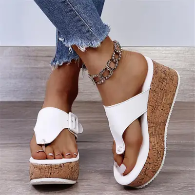2023 Summer New Women's Shoes Foreign Trade Large Size Wedge Women's Buckle Sandals Round Toe Casual Outwear Flip Flops