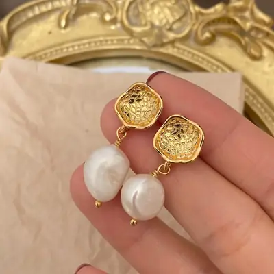 Retro Pearl Earrings Gold Plated Asymmetrical Baroque Design