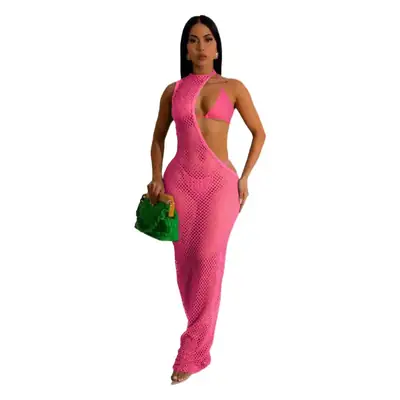 Pink Mesh Rope Top Three-Piece Beach Dress