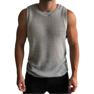 Men's Hollow Knitted Sleeveless Vest Solid Gray