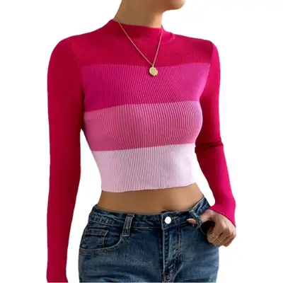 Blue Knit Wear with Navel-Baring Design