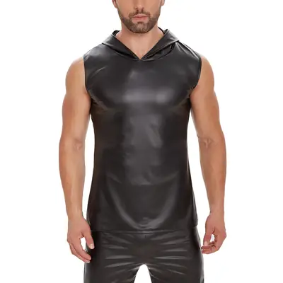 Men Matte Leather Vest Hooded Sleeveless Black