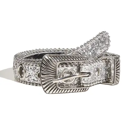 Silver Carved Buckle Belt for Women with Sequins