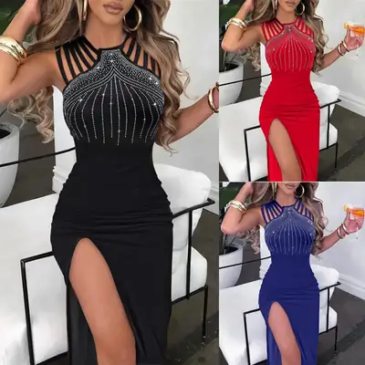2023 Blue Crossed High Slit Nightwear Dress