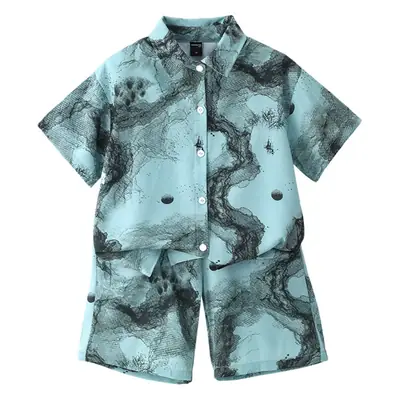 Chinese Style Boys Summer Shirt Set White Tie Dye Shorts