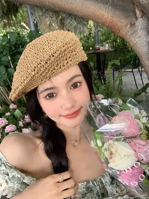 Women's Straw Hat Wide Brim Summer Cap Pink Letter