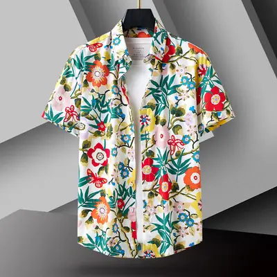 Men Cotton Floral Short Sleeve Shirt Orange White