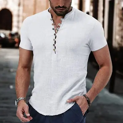 Men Linen V-Neck Shirt Maroon 2023