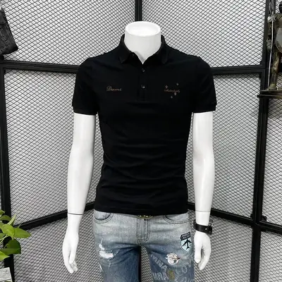 Men Black Embroidered Polo Shirt Slim Fit Lapel