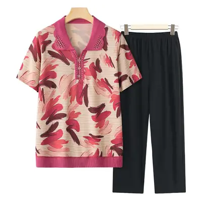 Middle-aged Elderly Summer T-shirt Knitted Green Leaf Pattern Black Pants