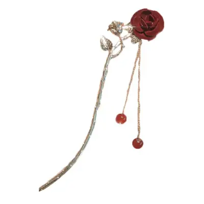 Elegant Rose Hairpin with Red Beads and Chain