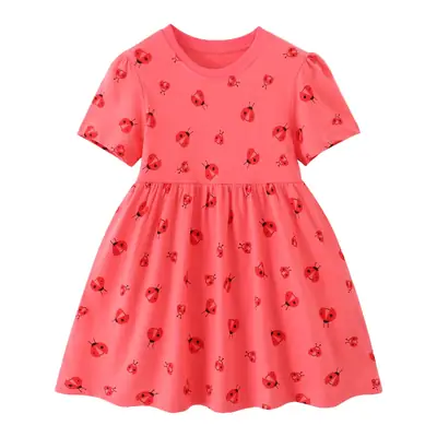 Coral Strawberry Print Korean Style Dress for Girls