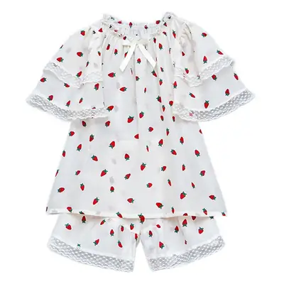 Girls Summer Pajamas Set White Red Dot Lace Short Sleeve