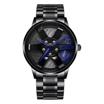 Men's Black Skeleton Quartz Watch with Blue Dial