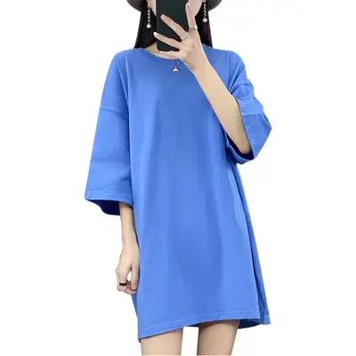 Women Blue Loose Sleeve T-Shirt Summer Casual