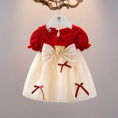 Girls Red Knit Princess Dress with Bow Gauze Skirt