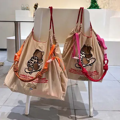 Japanese Embroidered Canvas Shoulder Bag with Chain Handle