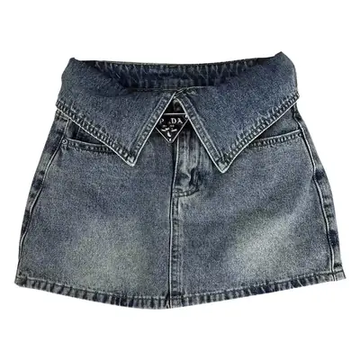 Women Denim High Waist Cuff Skirt Black 2023