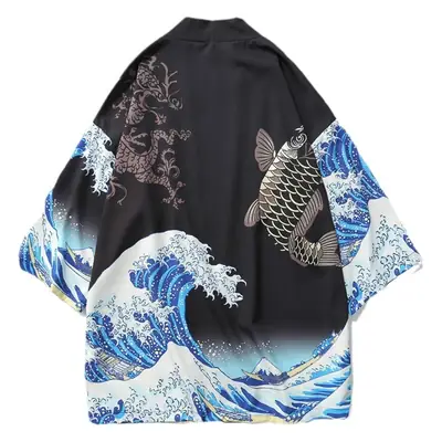 Men's Japanese Ukiyo-e Dao Robe Wave Carp Print Kimono