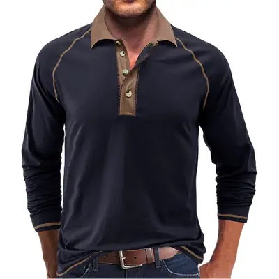 Men's Black Long Sleeve Polo Shirt with Gray Collar