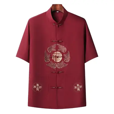 Men Chinese Embroidered Ice Silk Suit Navy Blue