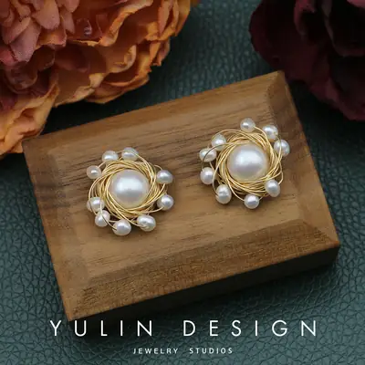 Pearl Earrings Sunflower Wire Design 925 Silver
