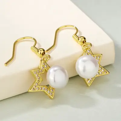 Gold Star Pearl Earrings for Women