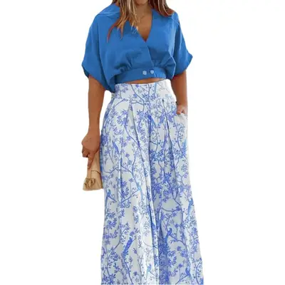Women V-neck Printed Top & Wide Leg Pants Set
