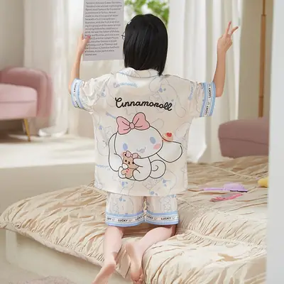 Girls' Purple Cartoon Pajamas Summer Ice Silk Suit