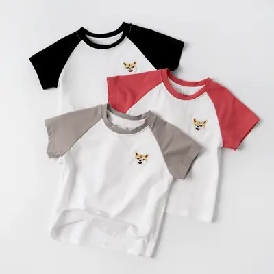 Children Cotton Raglan Sleeve T-Shirt White Pink Puppy Embroidery