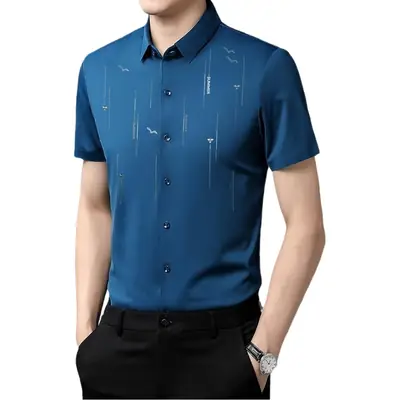Men Blue Printed Short Sleeve Shirt 2024