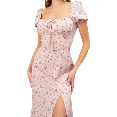 Women's Floral Halter Dress with Square Collar & Bubble Sleeves