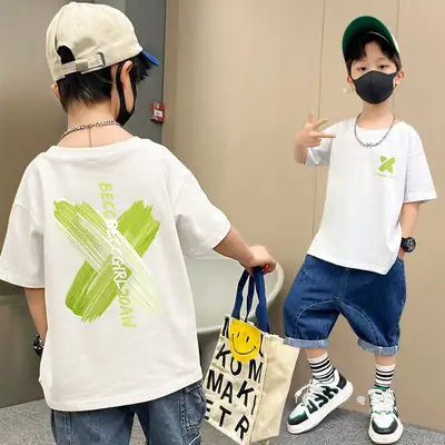 Boys Black Graphic Cotton T-Shirt Loose Fit Summer Casual