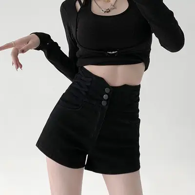 Black Elastic Denim Shorts with Buckle Cross Slim Fit