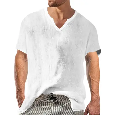 Men V-neck Linen T-Shirt Black Casual Summer