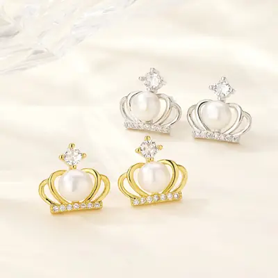 Korean Women Crown Zircon Pearl Earrings Gold Plated