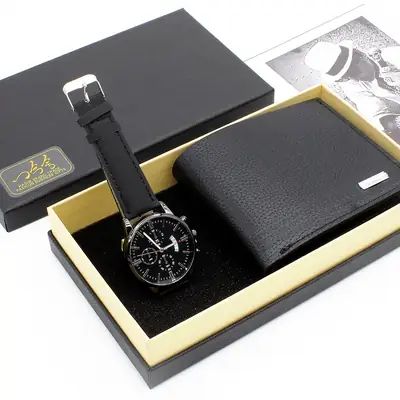 Men's Black Leather Watch & Wallet Set