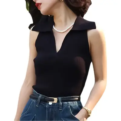 Black Knitted Polo Collar Vest for Women 2024