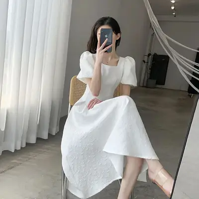 White Long Skirt Summer Dress Women Square Collar Slim Fit