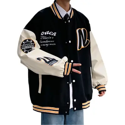 Men's Black & White Spliced Baseball Jacket American Retro Style