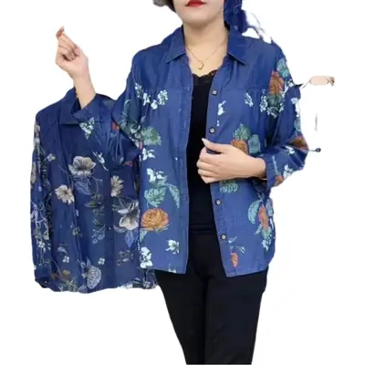 Middle-Aged Ice Silk Printed Shirt Women 2023 V Neck Large