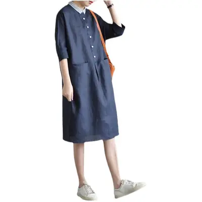 2025 Cotton Linen Plus Size Dress Navy Blue